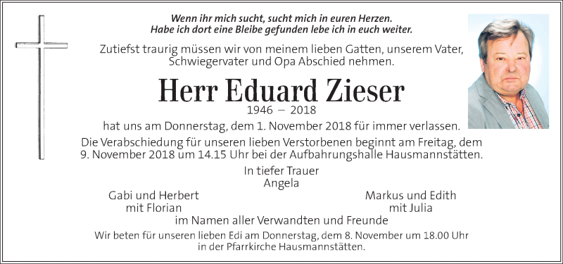  Traueranzeige für Eduard Zieser vom 06.11.2018 aus Kleine Zeitung