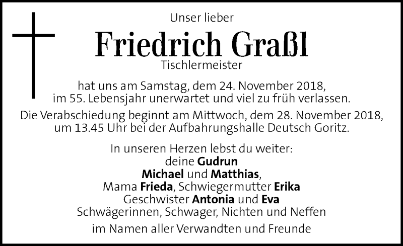  Traueranzeige für Friedrich Graßl vom 27.11.2018 aus Kleine Zeitung