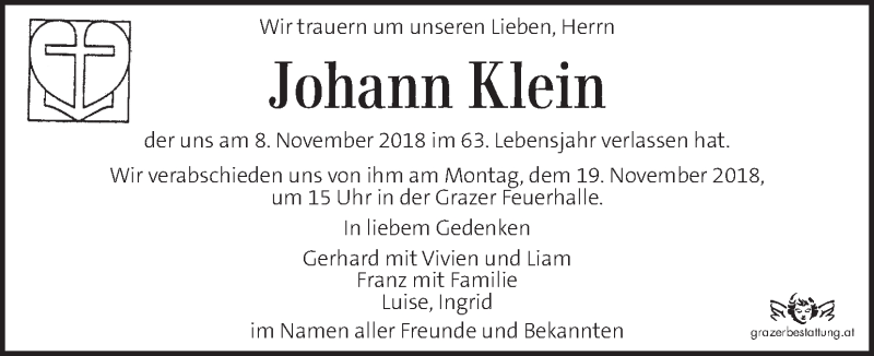  Traueranzeige für Johann Klein vom 15.11.2018 aus Kleine Zeitung