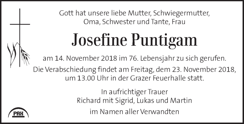  Traueranzeige für Josefine Puntigam vom 20.11.2018 aus Kleine Zeitung