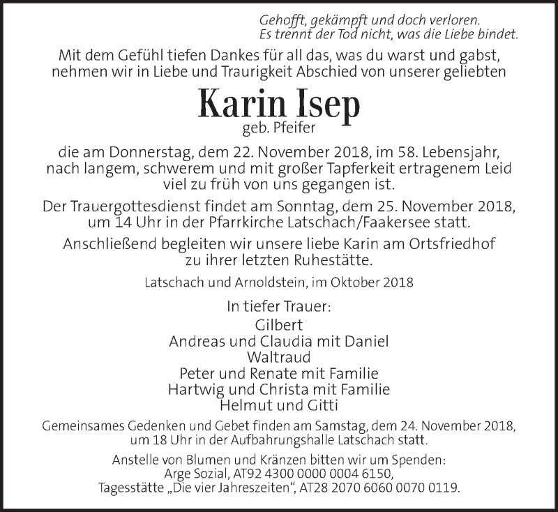  Traueranzeige für Karin Isep vom 24.11.2018 aus Kleine Zeitung