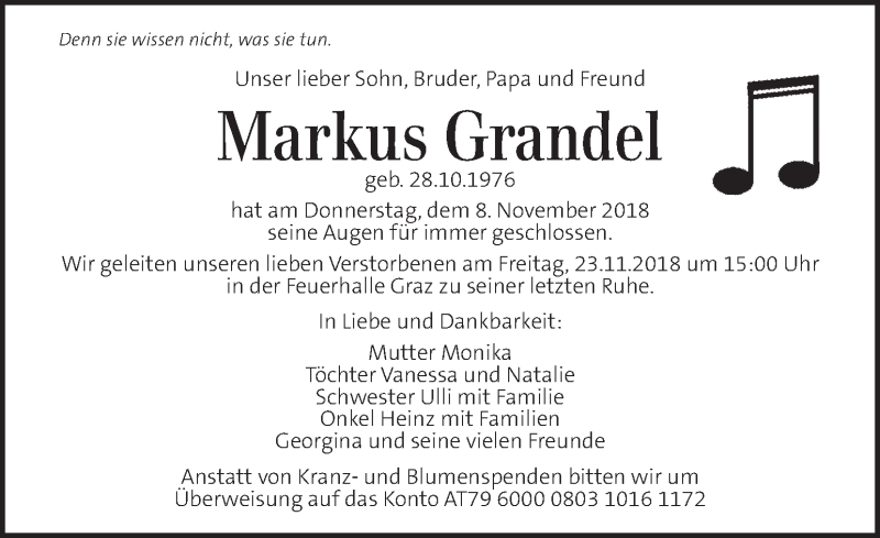  Traueranzeige für Markus Grandel  vom 21.11.2018 aus Kleine Zeitung
