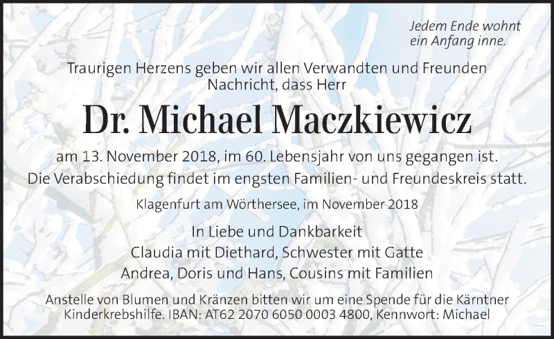  Traueranzeige für Michael Maczkiewicz vom 17.11.2018 aus Kleine Zeitung