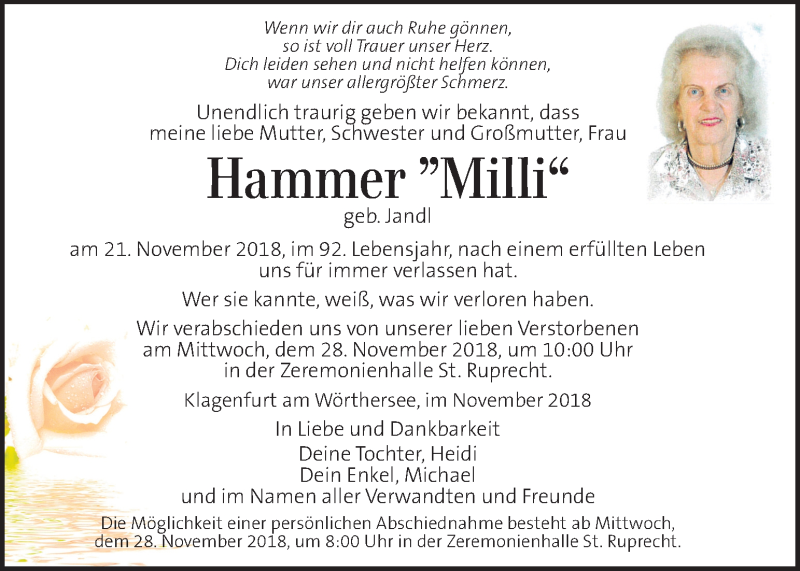  Traueranzeige für Milli Hammer vom 24.11.2018 aus Kleine Zeitung
