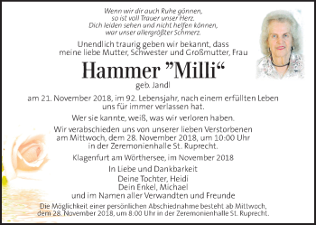 Traueranzeige von Milli Hammer von Kleine Zeitung