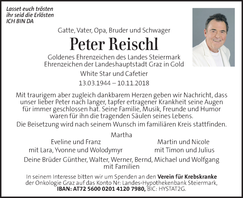  Traueranzeige für Peter Reischl vom 15.11.2018 aus Kleine Zeitung