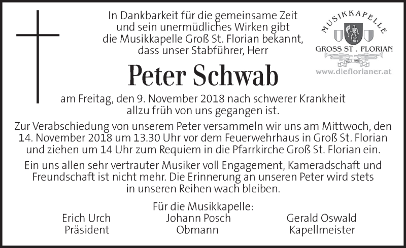  Traueranzeige für Peter Schwab vom 13.11.2018 aus Kleine Zeitung