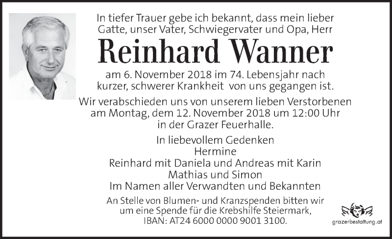  Traueranzeige für Reinhard Wanner vom 09.11.2018 aus Kleine Zeitung