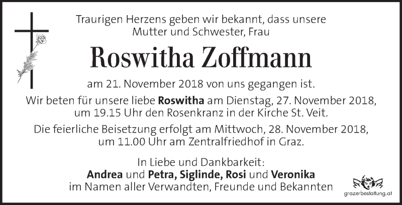  Traueranzeige für Roswitha Zoffmann vom 24.11.2018 aus Kleine Zeitung
