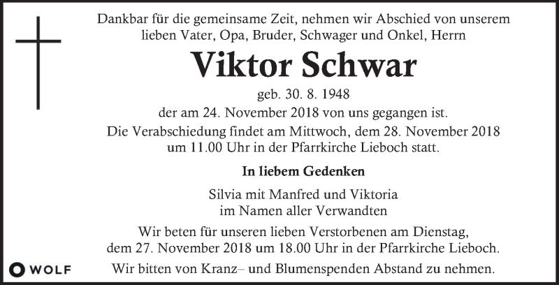  Traueranzeige für Viktor Schwar vom 27.11.2018 aus Kleine Zeitung