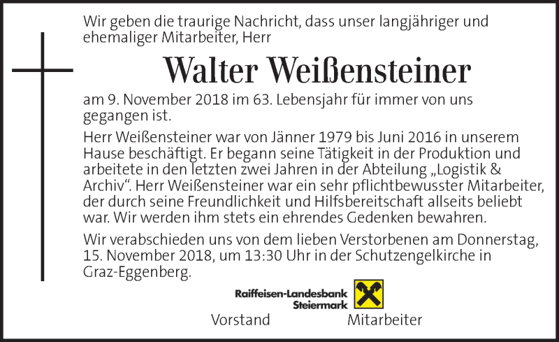  Traueranzeige für Walter Weißensteiner vom 14.11.2018 aus Kleine Zeitung