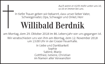 Traueranzeige von Willibald Berdnik von Kleine Zeitung