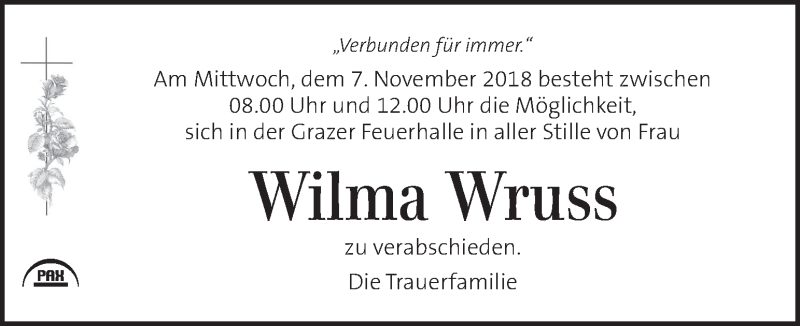  Traueranzeige für Wilma Wruss  vom 06.11.2018 aus Kleine Zeitung