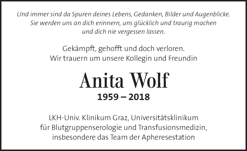  Traueranzeige für Anita Wolf vom 29.12.2018 aus Kleine Zeitung