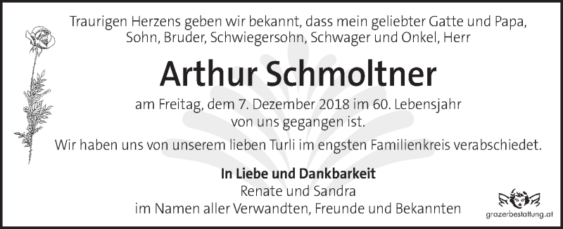  Traueranzeige für Arthur Schmoltner vom 12.12.2018 aus Kleine Zeitung