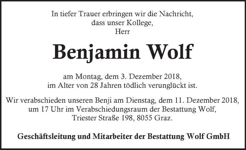  Traueranzeige für Benjamin Wolf vom 08.12.2018 aus Kleine Zeitung