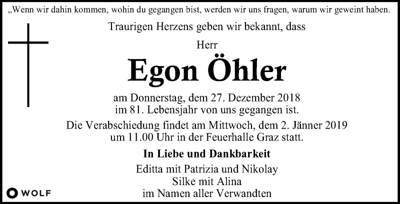  Traueranzeige für Egon Öhler vom 30.12.2018 aus Kleine Zeitung