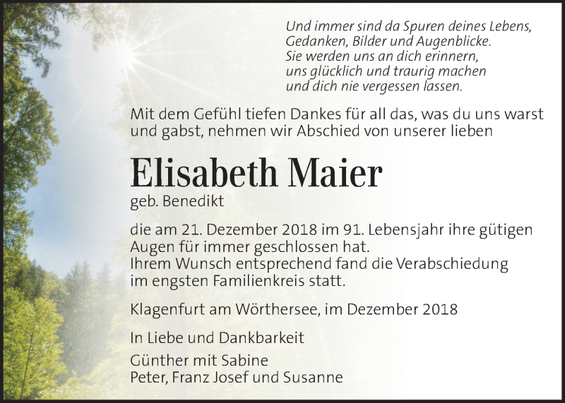  Traueranzeige für Elisabeth Maier vom 28.12.2018 aus Kleine Zeitung