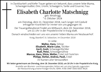 Traueranzeige von Elisabeth Charlotte Matschnigg von Kleine Zeitung