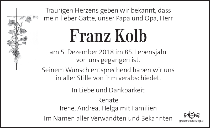  Traueranzeige für Franz Kolb  vom 14.12.2018 aus Kleine Zeitung
