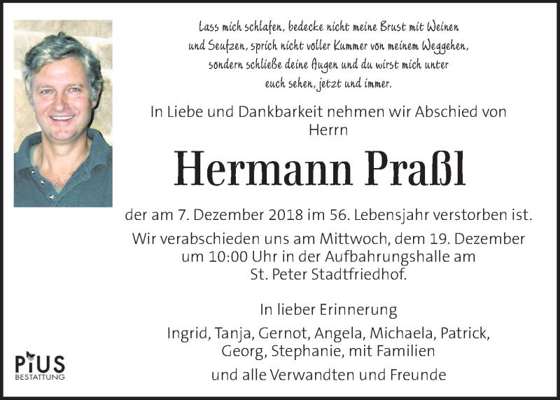  Traueranzeige für Hermann Praßl vom 16.12.2018 aus Kleine Zeitung