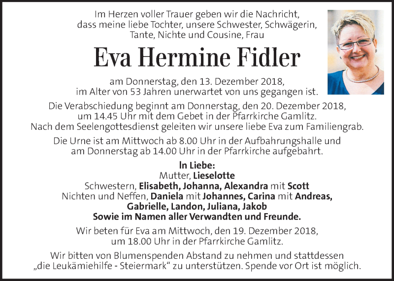  Traueranzeige für Hermine Fidler vom 19.12.2018 aus Kleine Zeitung