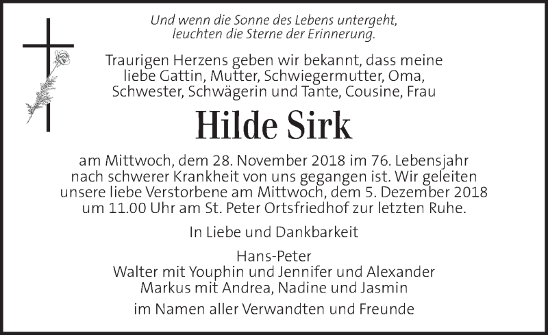  Traueranzeige für Hilde Sirk vom 02.12.2018 aus Kleine Zeitung