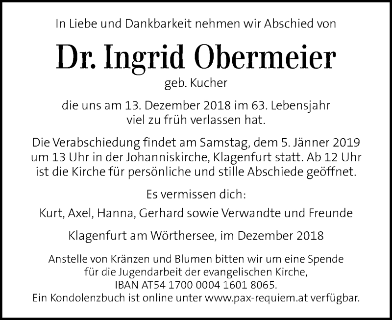  Traueranzeige für Ingrid Obermeier vom 22.12.2018 aus Kleine Zeitung