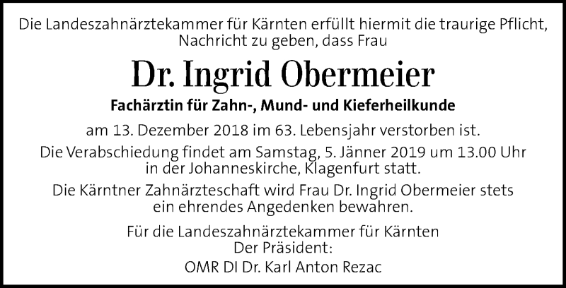  Traueranzeige für Ingrid Obermeier vom 29.12.2018 aus Kleine Zeitung
