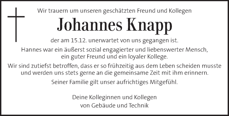  Traueranzeige für Johannes Knapp vom 20.12.2018 aus Kleine Zeitung