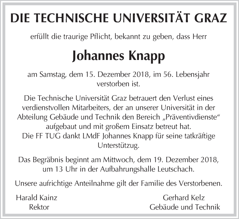  Traueranzeige für Johannes Knapp vom 19.12.2018 aus Kleine Zeitung