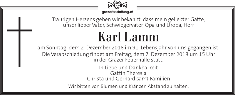  Traueranzeige für Karl Lamm vom 05.12.2018 aus Kleine Zeitung