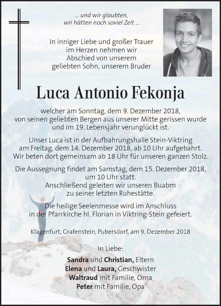  Traueranzeige für Luca Antonio Fekonja vom 13.12.2018 aus Kleine Zeitung