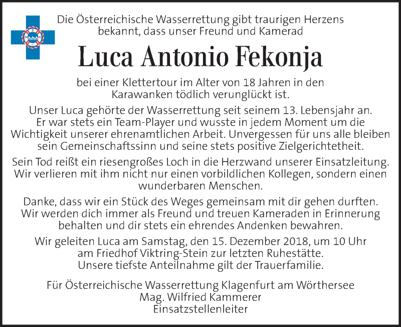  Traueranzeige für Luca Antonio Fekonja vom 14.12.2018 aus Kleine Zeitung