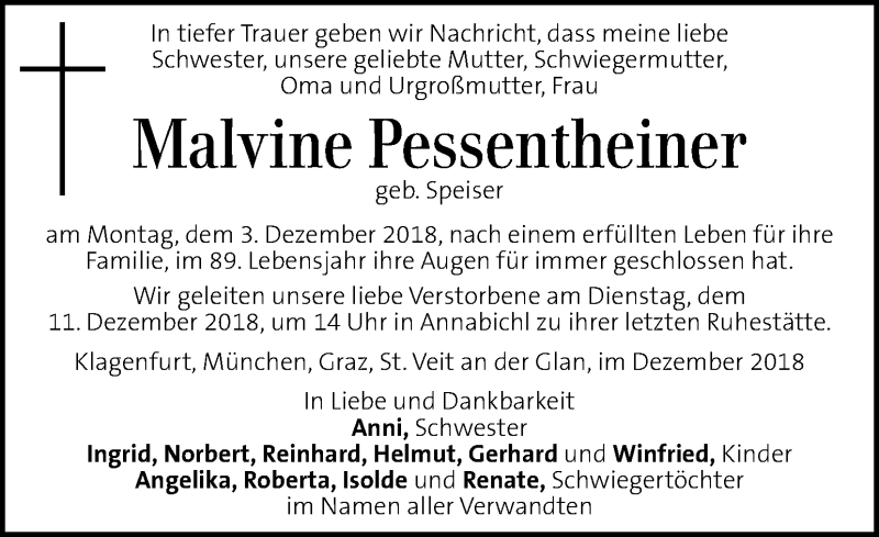  Traueranzeige für Malvine Pessentheiner vom 07.12.2018 aus Kleine Zeitung