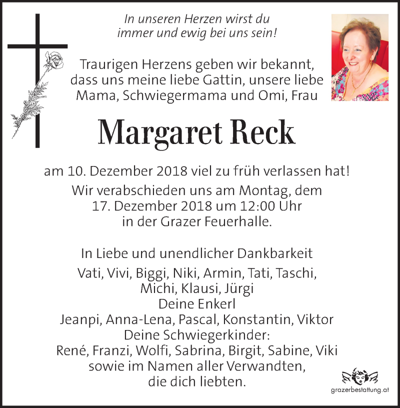  Traueranzeige für Margaret Reck vom 14.12.2018 aus Kleine Zeitung