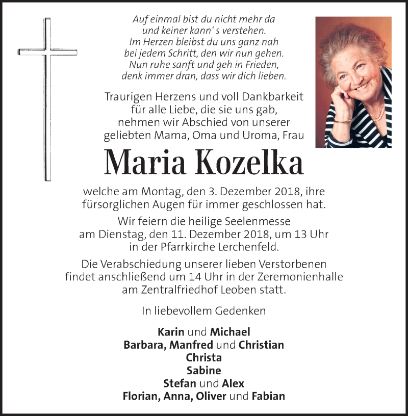  Traueranzeige für Maria Kozelka vom 07.12.2018 aus Kleine Zeitung