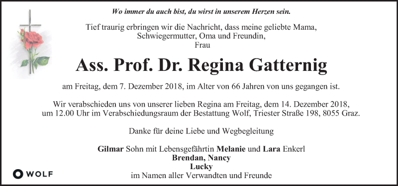 Traueranzeige für Regina Gatternig vom 11.12.2018 aus Kleine Zeitung