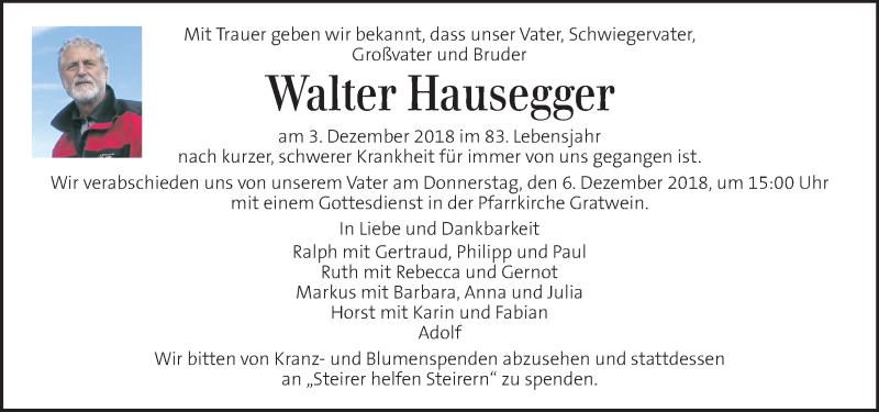 Traueranzeige für Walter Hausegger vom 05.12.2018 aus Kleine Zeitung