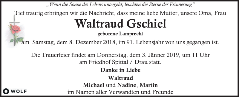  Traueranzeige für Waltraud Gschiel vom 23.12.2018 aus Kleine Zeitung