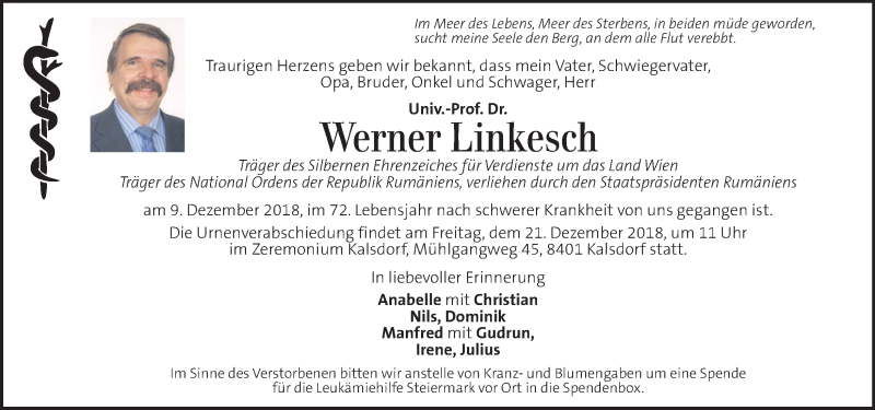  Traueranzeige für Werner Linkesch vom 13.12.2018 aus Kleine Zeitung