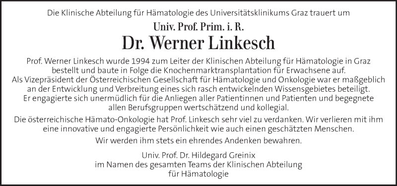  Traueranzeige für Werner Linkesch vom 15.12.2018 aus Kleine Zeitung
