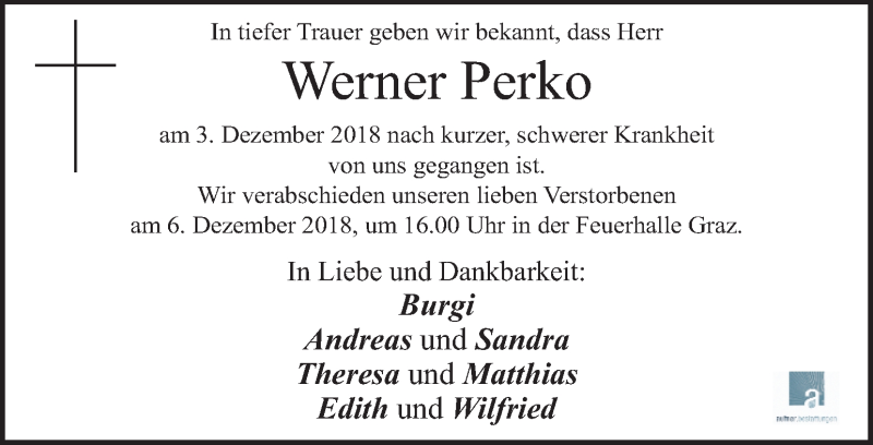  Traueranzeige für Werner Perko vom 05.12.2018 aus Kleine Zeitung