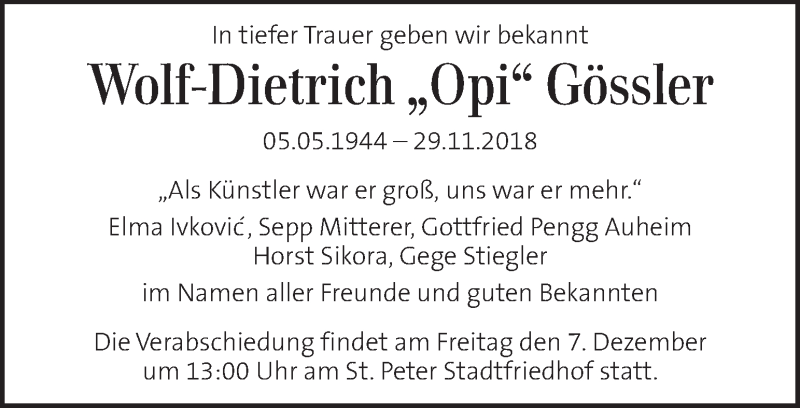  Traueranzeige für Wolf-Dietrich Gössler vom 05.12.2018 aus Kleine Zeitung