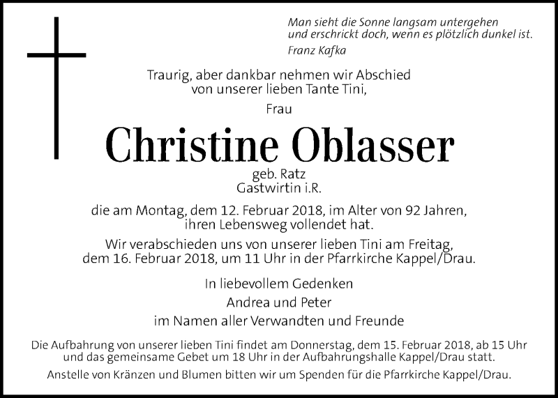  Traueranzeige für Christine Oblasser vom 15.02.2018 aus Kleine Zeitung
