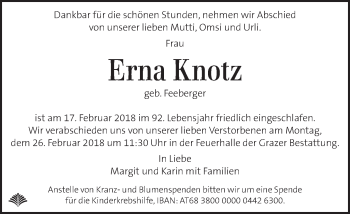Traueranzeige von Erna Knotz von Kleine Zeitung