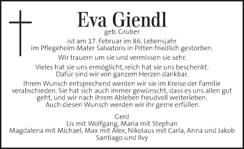 Traueranzeige von Eva Giendl von Kleine Zeitung