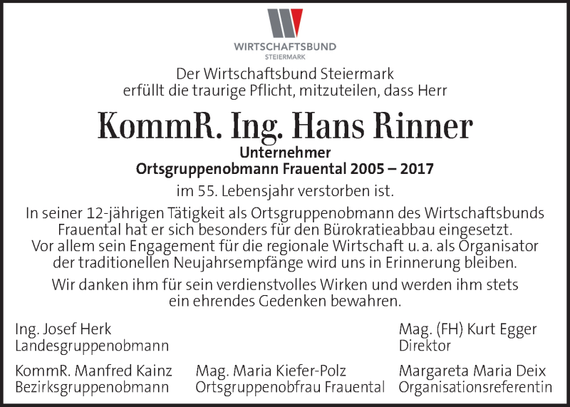  Traueranzeige für Hans Rinner vom 21.02.2018 aus Kleine Zeitung
