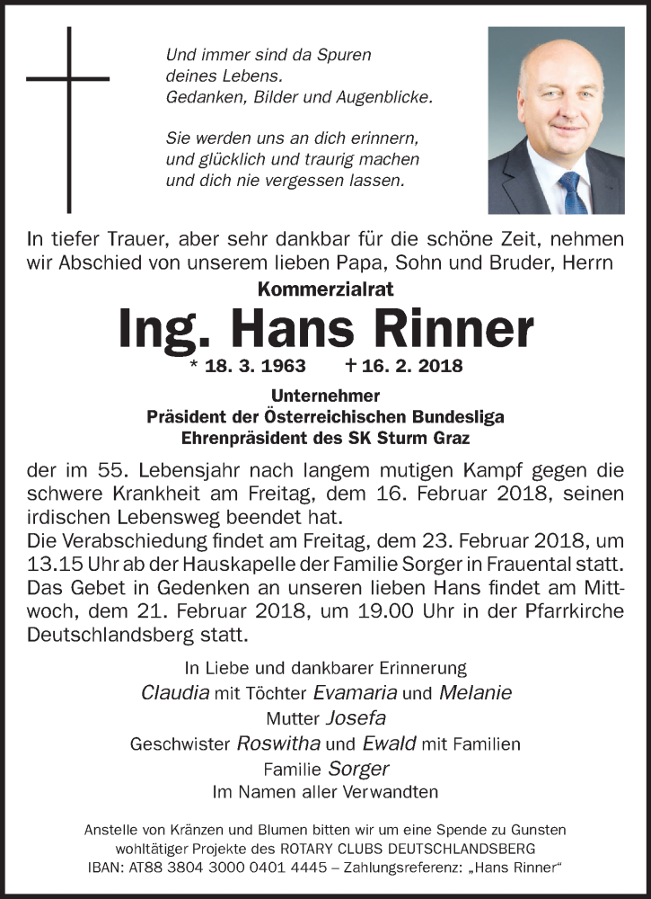  Traueranzeige für Hans Rinner vom 20.02.2018 aus Kleine Zeitung