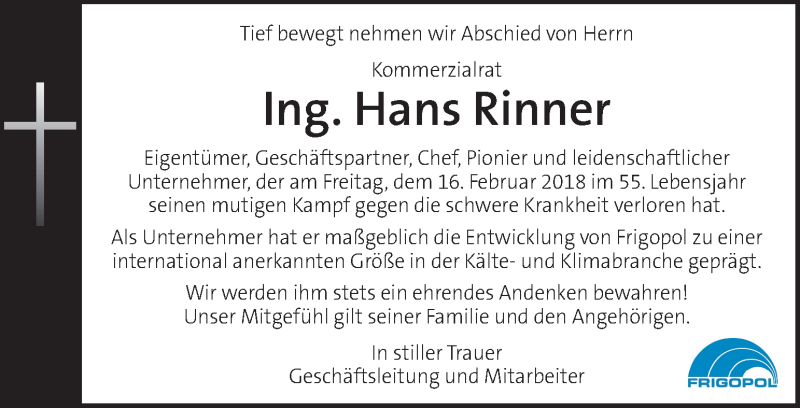  Traueranzeige für Hans Rinner vom 21.02.2018 aus Kleine Zeitung